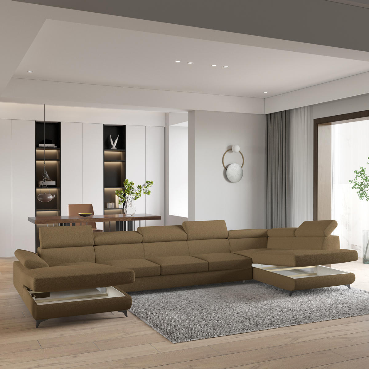 WOHNLANDSCHAFT MONTIVA Orange Boucle-Stoff mit Schlaffunktion - Orange, Holz (410/89/190cm) - MASSENO