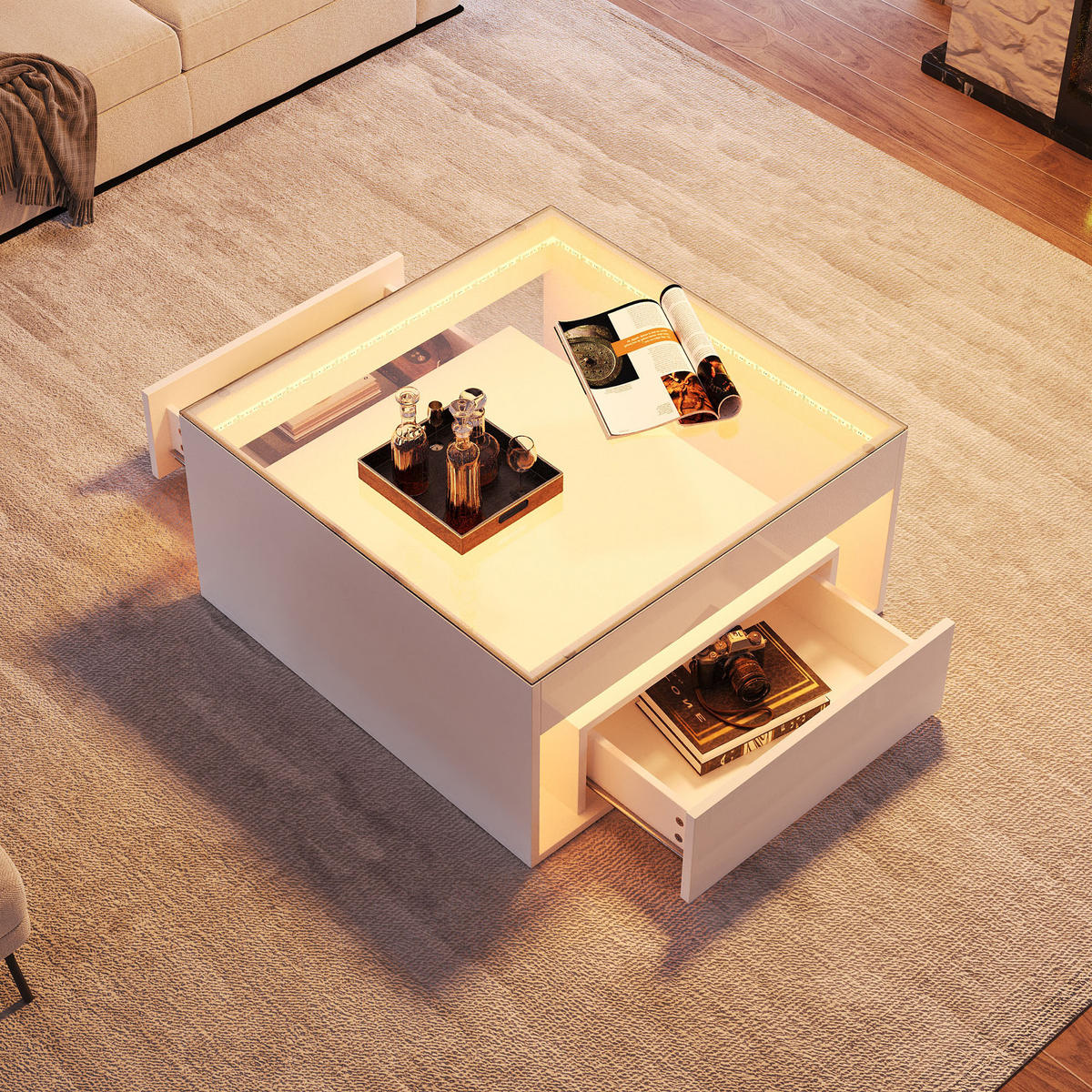 COUCHTISCH in Weiß Kaffeetisch mit 2 Schubladen, LED & gehärtetem Glas, Hochglanz, für Wohnzimmer, B70/T70/H35cm - Weiß, Glas/Holzwerkstoff (70/70/35cm) - STILVORA