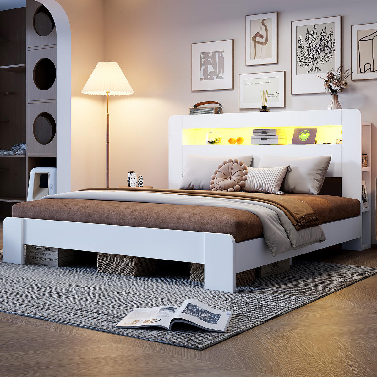RAHMENBETT 180/200 cm in Weiß mit Stauraum, LED und Steckdosen - Weiß, Holz/Holzwerkstoff (180/200cm) - WISHDOR