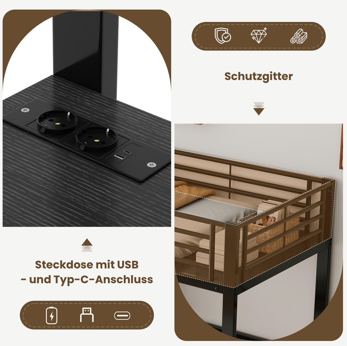 HOCHBETT aus Metall und MDF 90x200 cm Schwarz mit Schreibtisch, Stauraumtreppe und USB-/Type-C-Anschluss - Schwarz, Holzwerkstoff (90/200cm) - IVMEU
