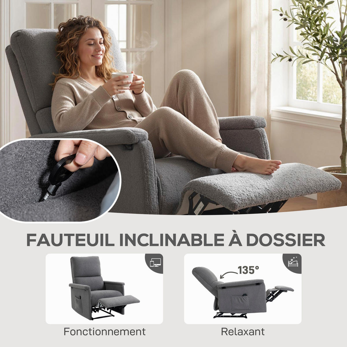 MASSAGESESSEL Grau mit Massagefunktion und Liegefunktion 84/69/99 cm - Hellgrau, Textil (84/99/69cm) - PANGIVO