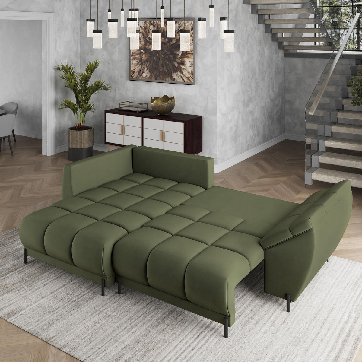 ECKSOFA VESTANO L-S Grün Velours-Stoff mit Schlaffunktion - Grün, Holz (287/182cm) - MASSENO