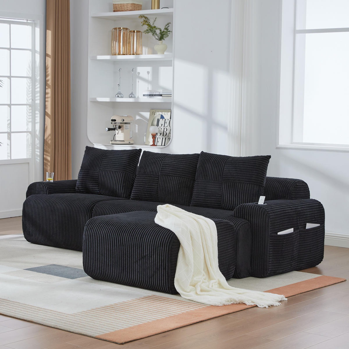 MODULARES 3-Sitzer Sofa Cordstoff mit Getränkehalter und Seitentasche 268/174/80 cm Schwarz - Schwarz, Textil (174/268cm) - Redom