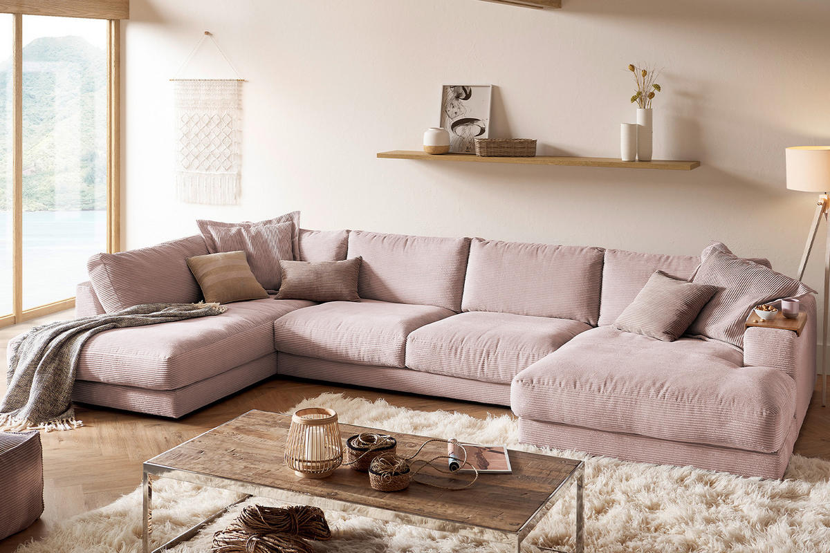 WOHNLANDSCHAFT MADELINE Pink Cord - Pink/Schwarz, Kunststoff/Textil (425/86/224cm) - KAWOLA