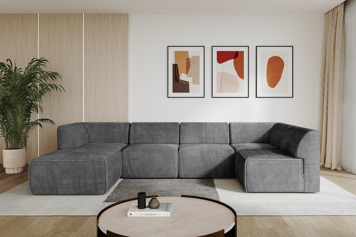WOHNLANDSCHAFT Ottomane Links MOVA 345x180x78 Dunkelgrau Cord - Dunkelgrau/Anthrazit, Holzwerkstoff/Kunststoff (180/78/345cm) - ALTDECOR