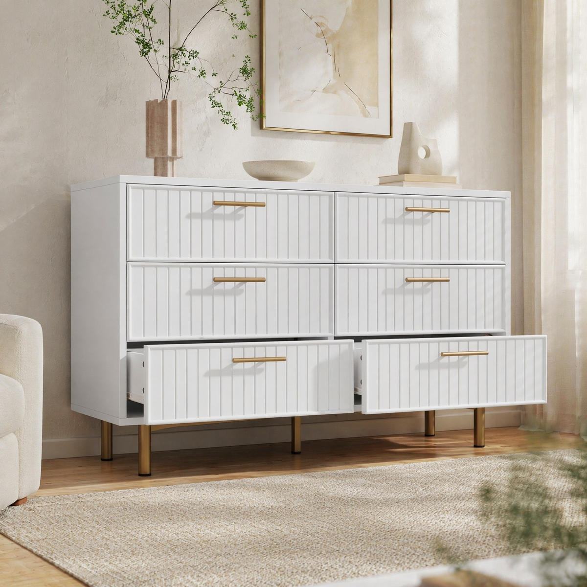 KOMMODE in Weiß Sideboard mit 6 Schubladen für Wohnzimmer und Schlafzimmer, B120/T40/H75 cm - Goldfarben/Weiß, Holzwerkstoff/Metall (120/75/40cm) - STILVORA