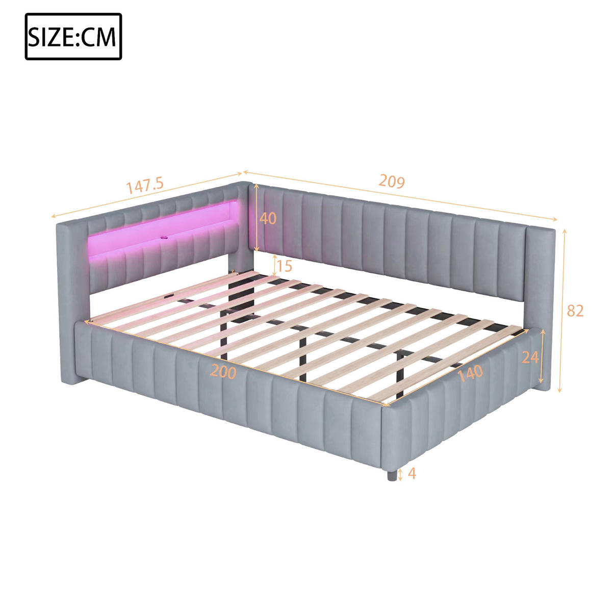 POLSTERBETT 140/200 cm DE-01924, in Grau, mit Sofafunktion, LED und USB - Grau, Holzwerkstoff (140/200cm) - ComfortXL
