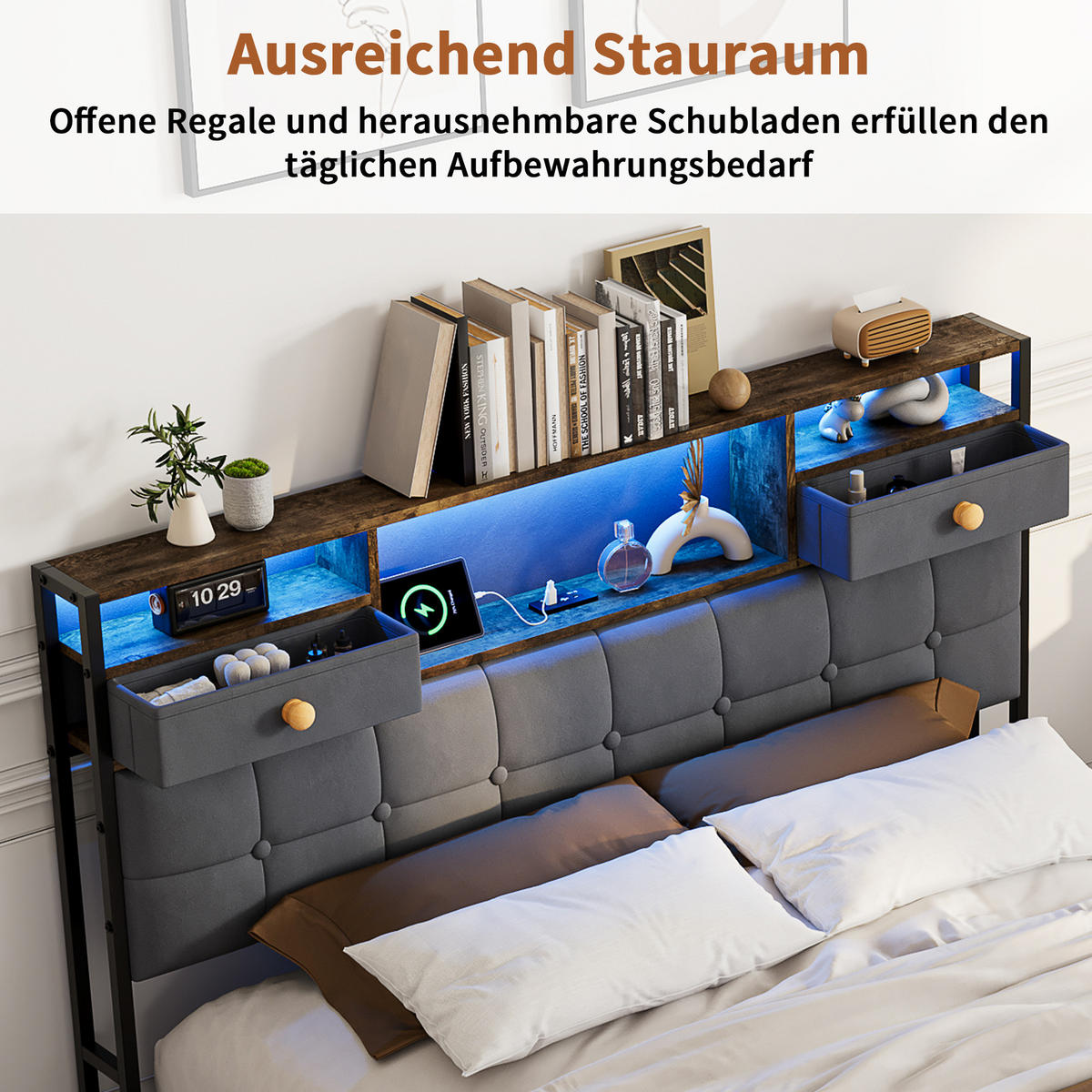 POLSTERBETT 140x200 cm Grau mit LED, USB und Type-C, Stauraumkopfteil & Bettkasten - Grau, Holz (140/200cm)
