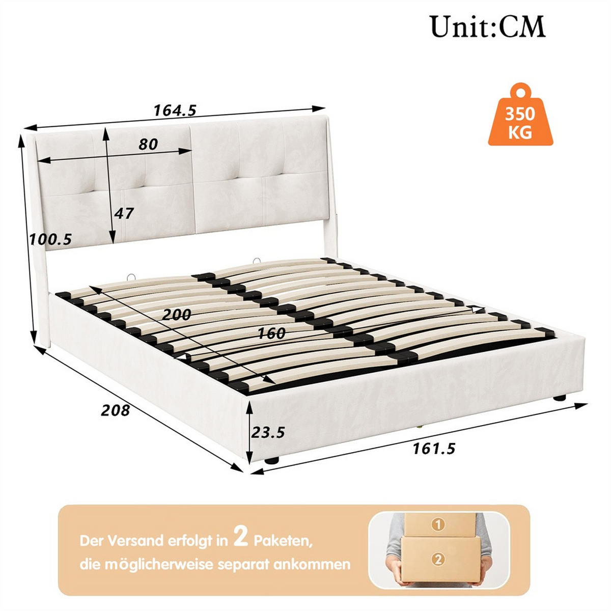 POLSTERBETT 160x200 cm - Hydraulisches Stauraumbett mit LED-Beleuchtung und praktischen Seitentaschen - ohne Matratze - Beige - Beige, Textil (160/200cm) - DELFA
