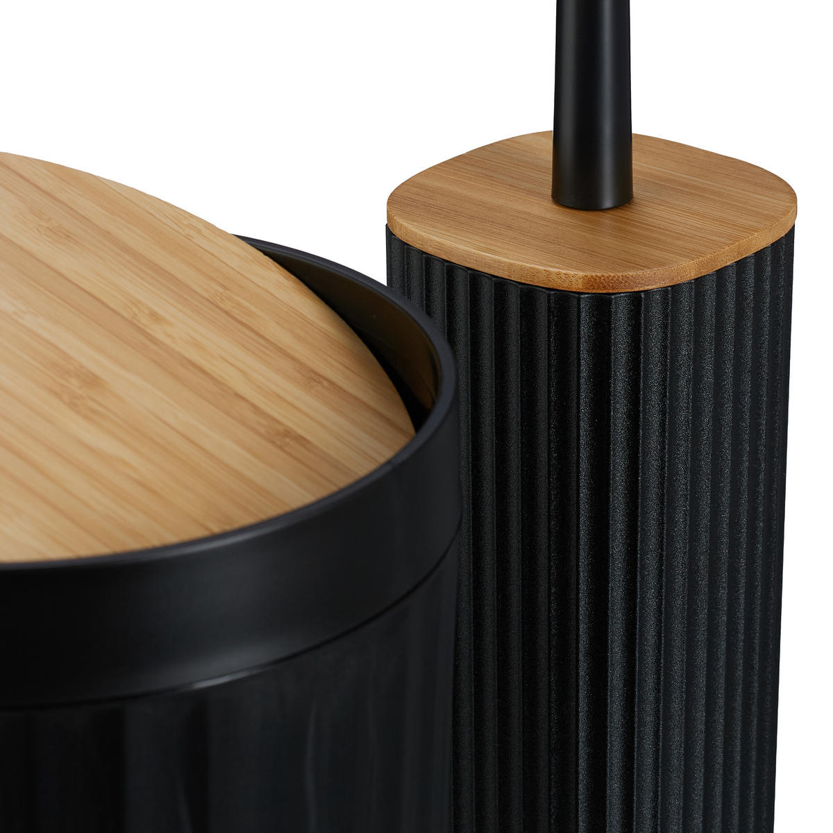 BADEZIMMER-SET 6-tlg. - Schwarz, Holz/Kunststoff (18/27/18cm) - Relaxdays