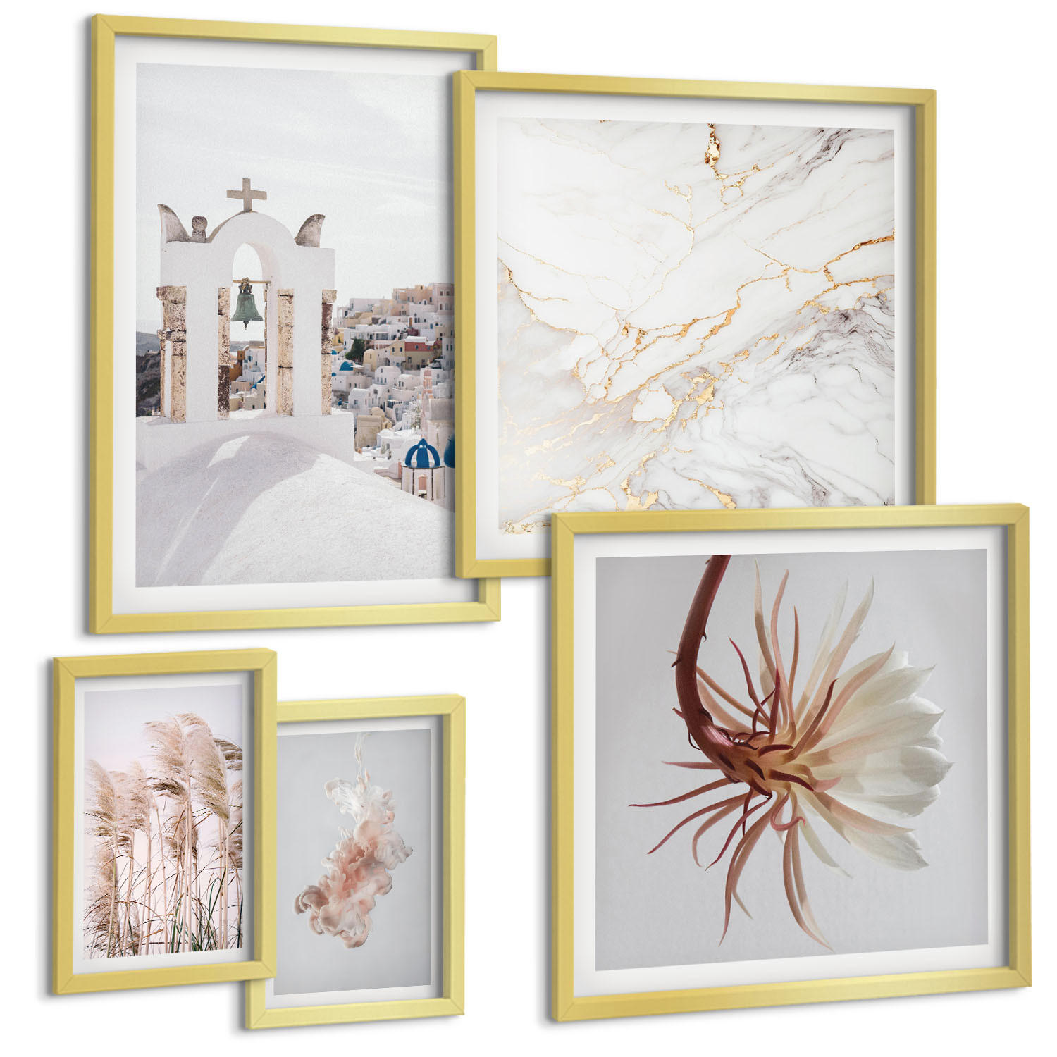 BILDER SET 5er Set - 50x50 cm & 20x30 cm & 40x60 cm Goldrahmen - Grasfelder in Braun- und Beigetönen - Goldfarben, Kunststoff (40/60cm) - TULUP