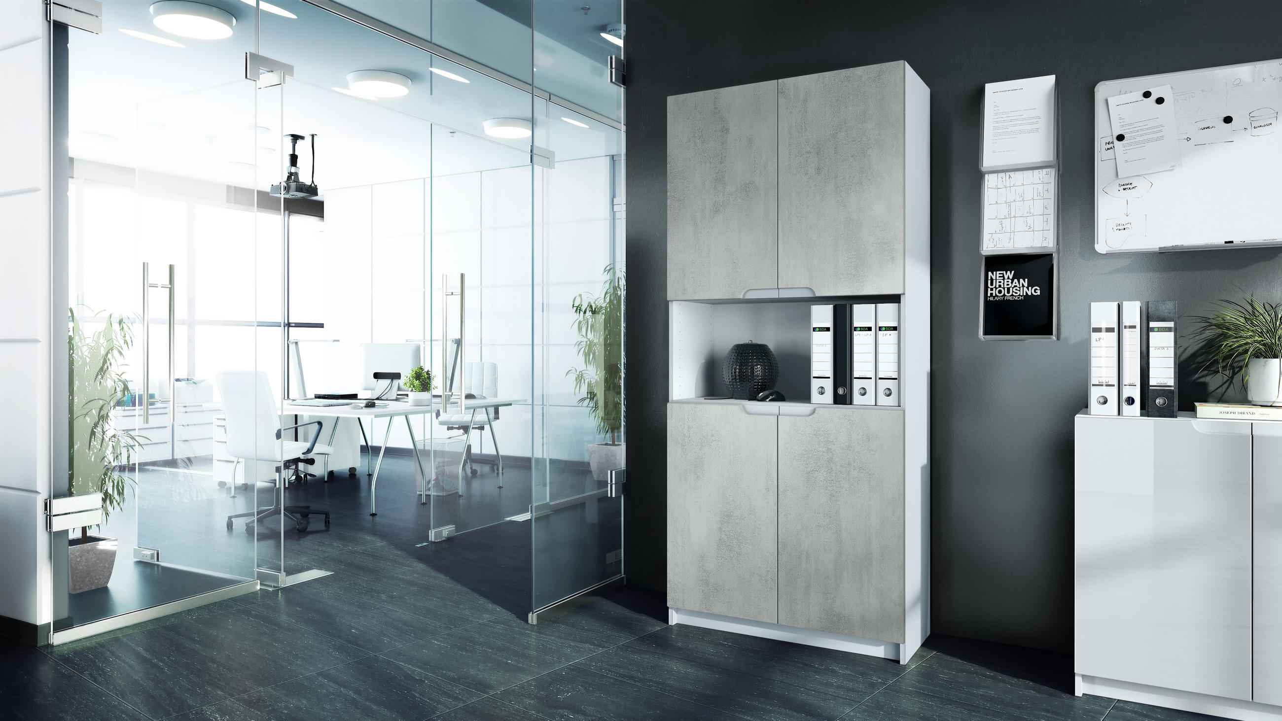 BÜROSCHRANK Logan Fronten in Beton Oxid Optik - Hellgrau, Holzwerkstoff (82/184/37cm) - Vladon