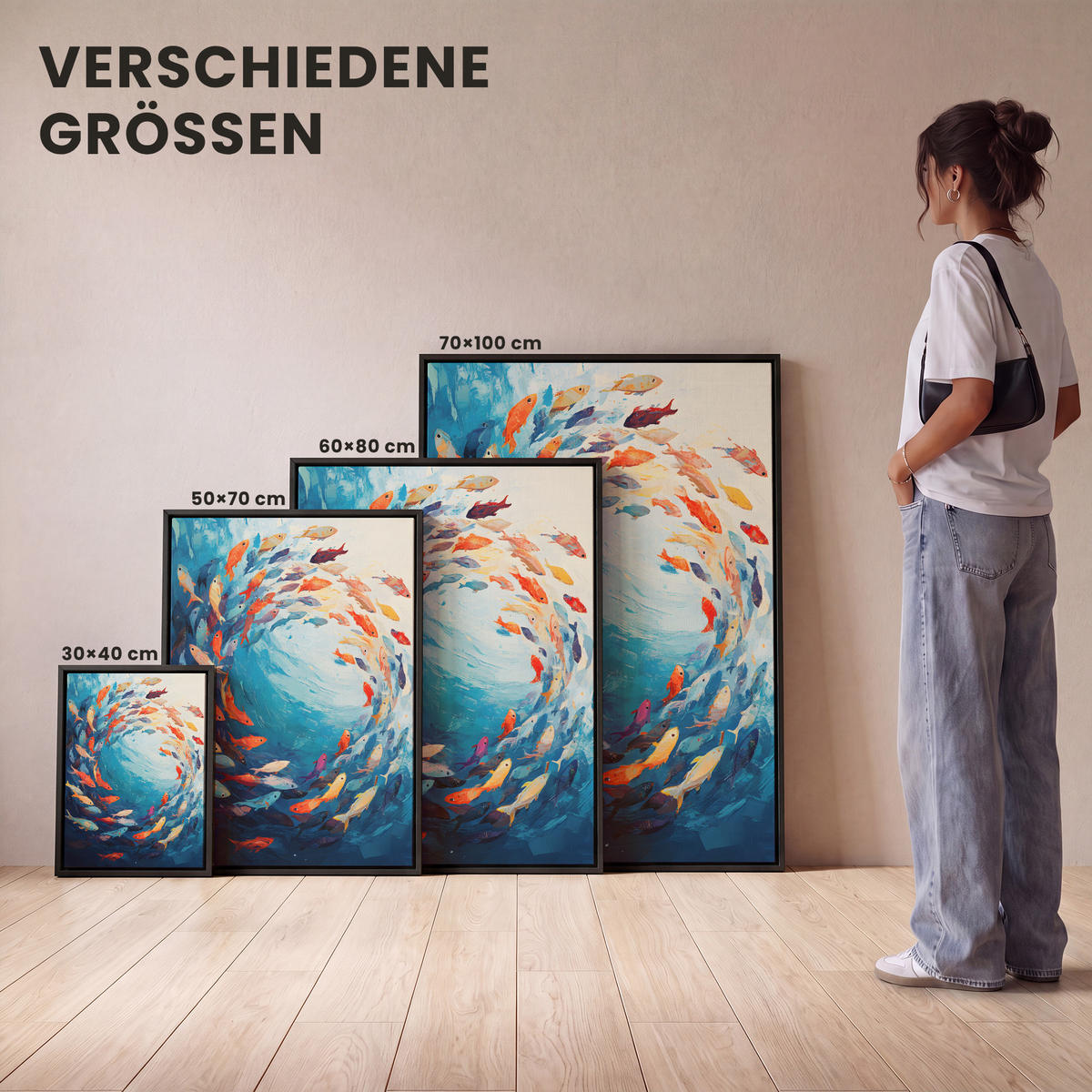 LEINWAND Bilder mit Rahmen - Meer - Fische - Bunt - Dynamisch - 30x40 - Hellblau, Textil (30/40cm) - MuchoWow
