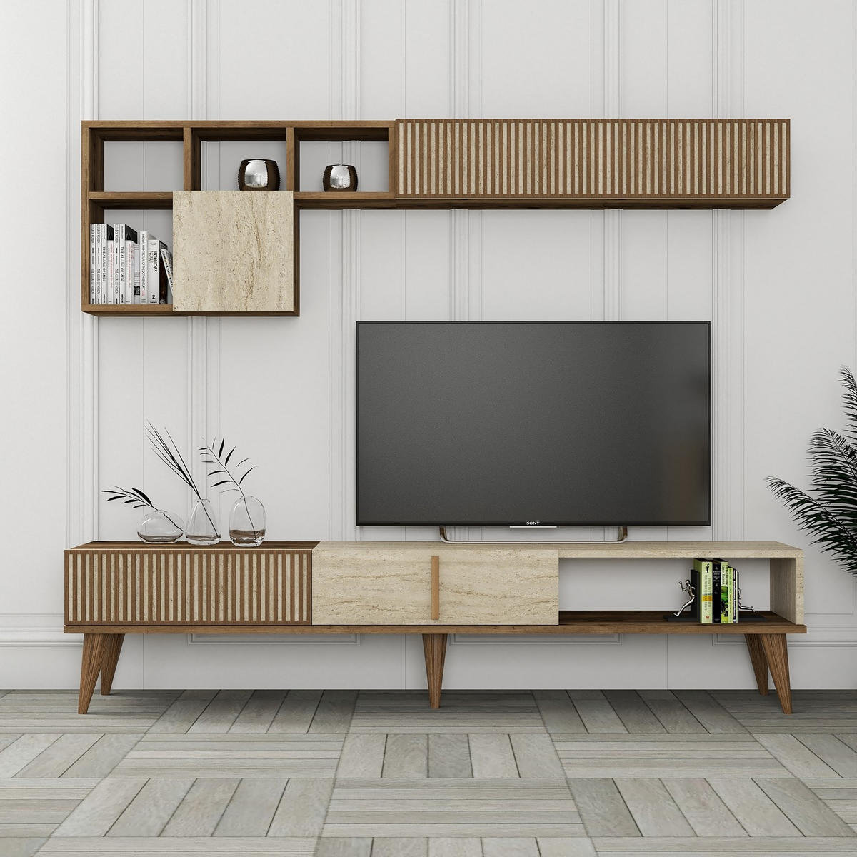 TV-MÖBEL Milan Nussbaum-Travertin - Beige/Nussbaumfarben, Holz (180/40/35cm) - Habitat Garten