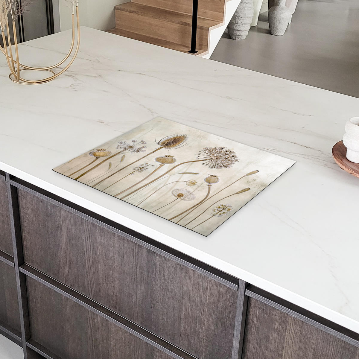 HERDABDECKPLATTE Blumen - Aquarell - Stilleben - Braun - Vintage Herdabdeckung Induktionsfeld 65x52 cm - Sandfarben, Kunststoff (65/52/0.2cm) - MuchoWow