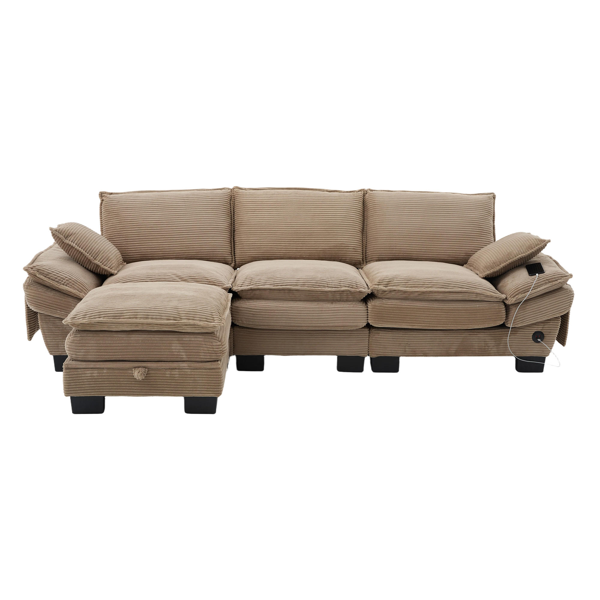 3-SITZER SOFA Cord Khaki mit Hocker, USB-C und Seitentaschen - Hellbraun, Holzwerkstoff/Kunststoff (260/132cm) - WISHDOR