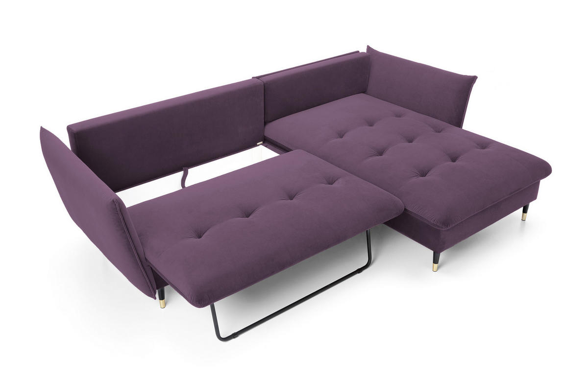 ECKSOFA GLAM mit Schlaffunktion, Ottomane & goldenen Füßen – Samtsofa im Glamour-Stil mit Zierkissen, 258x167x91 cm, rechte, lila​ - Lila, Holz/Textil (258/167cm) - DomoHome