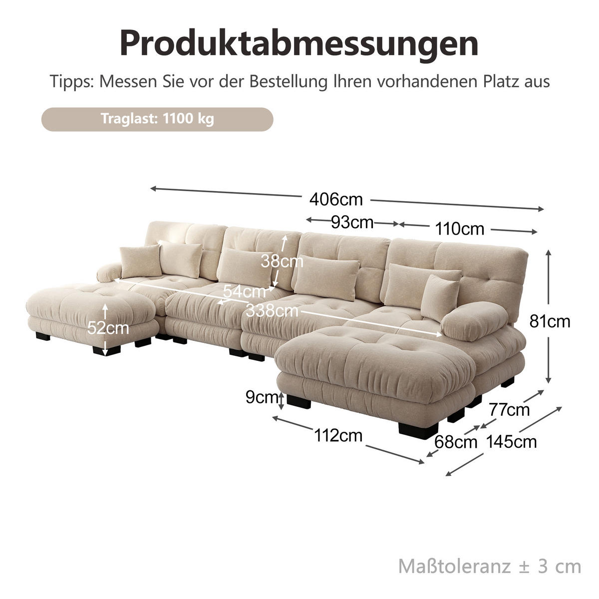 WOHNLANDSCHAFT DE-34065 U-förmig Hellbraun - Hellbraun, Holz (145/81/406cm) - ComfortXL