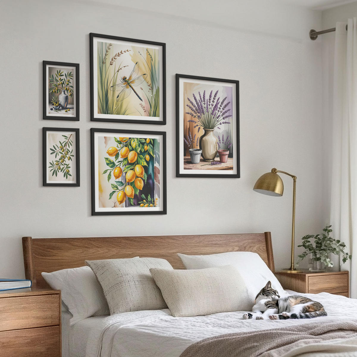 BILDER SET 5er Set - 50x50 cm & 20x30 cm & 40x60 cm Schwarzer Rahmen - Lavendelblüten und Architektur - Schwarz, Kunststoff (40/60cm) - TULUP