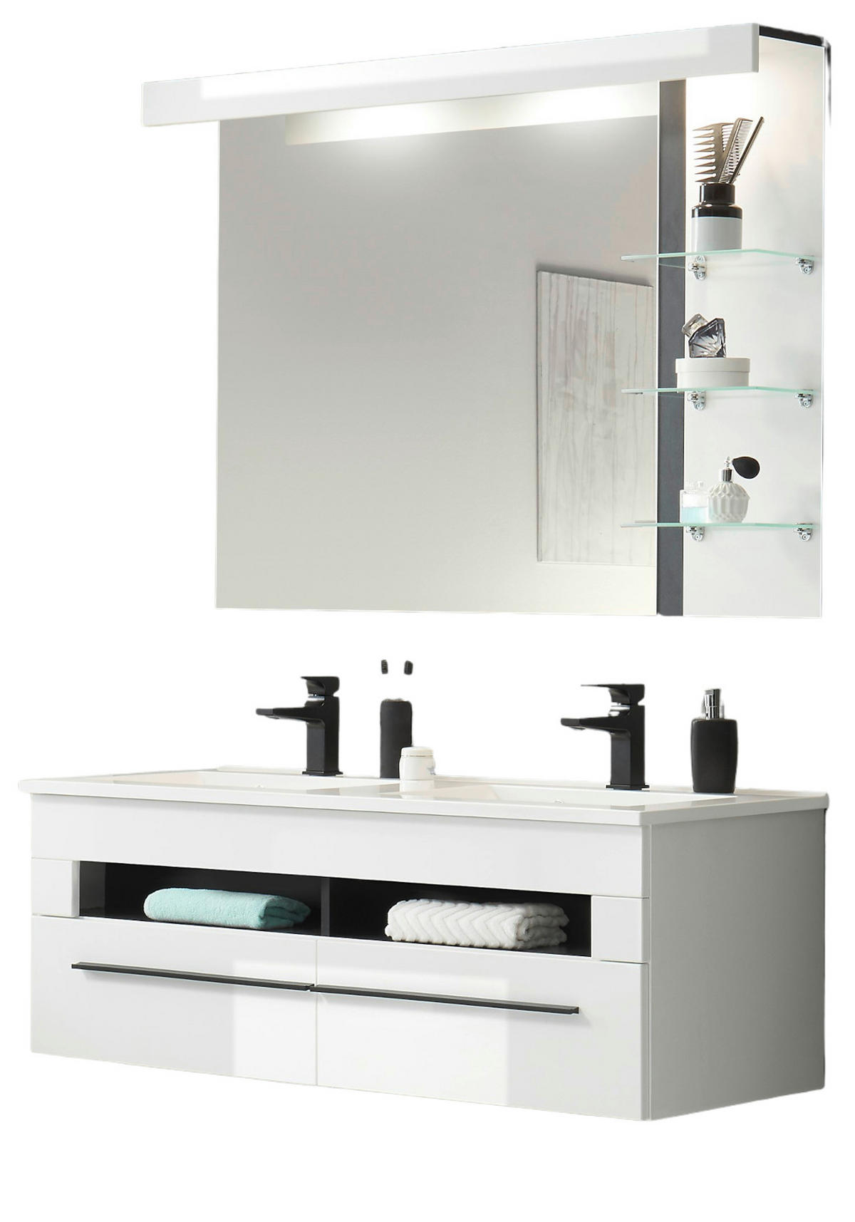 BADMÖBEL-SET weiß Hochglanz schwarz, Badkombination MIT Doppelwaschbecken LED Beleuchtung, 120 x 200 cm - Weiß Hochglanz/Schwarz, Holzwerkstoff/Kunststoff (120/200/45cm) - Furn.Design