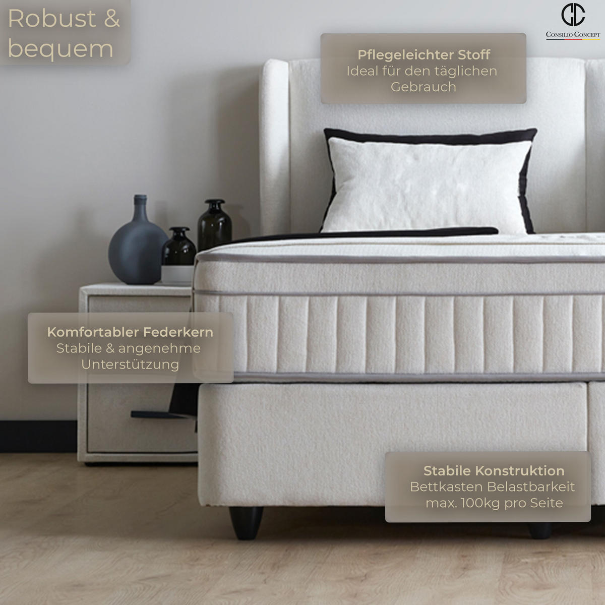 BOXSPRINGBETT MIT BETTKASTEN PISA 90/200 cm, Greige, Bettkasten, Matratze, Topper integriert, H3 mittel - Greige/Schwarz, Holz/Kunststoff (90/200cm) - Consilio Concept