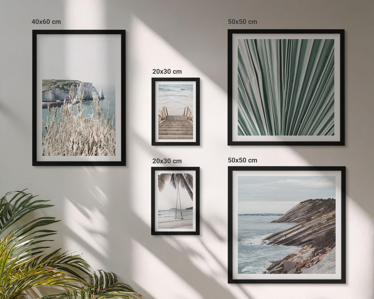 BILDER SET 5er Set - 50x50 cm & 20x30 cm & 40x60 cm Schwarzer Rahmen - Strandtreppe Schaukel Meer - Schwarz, Kunststoff (40/60cm) - TULUP