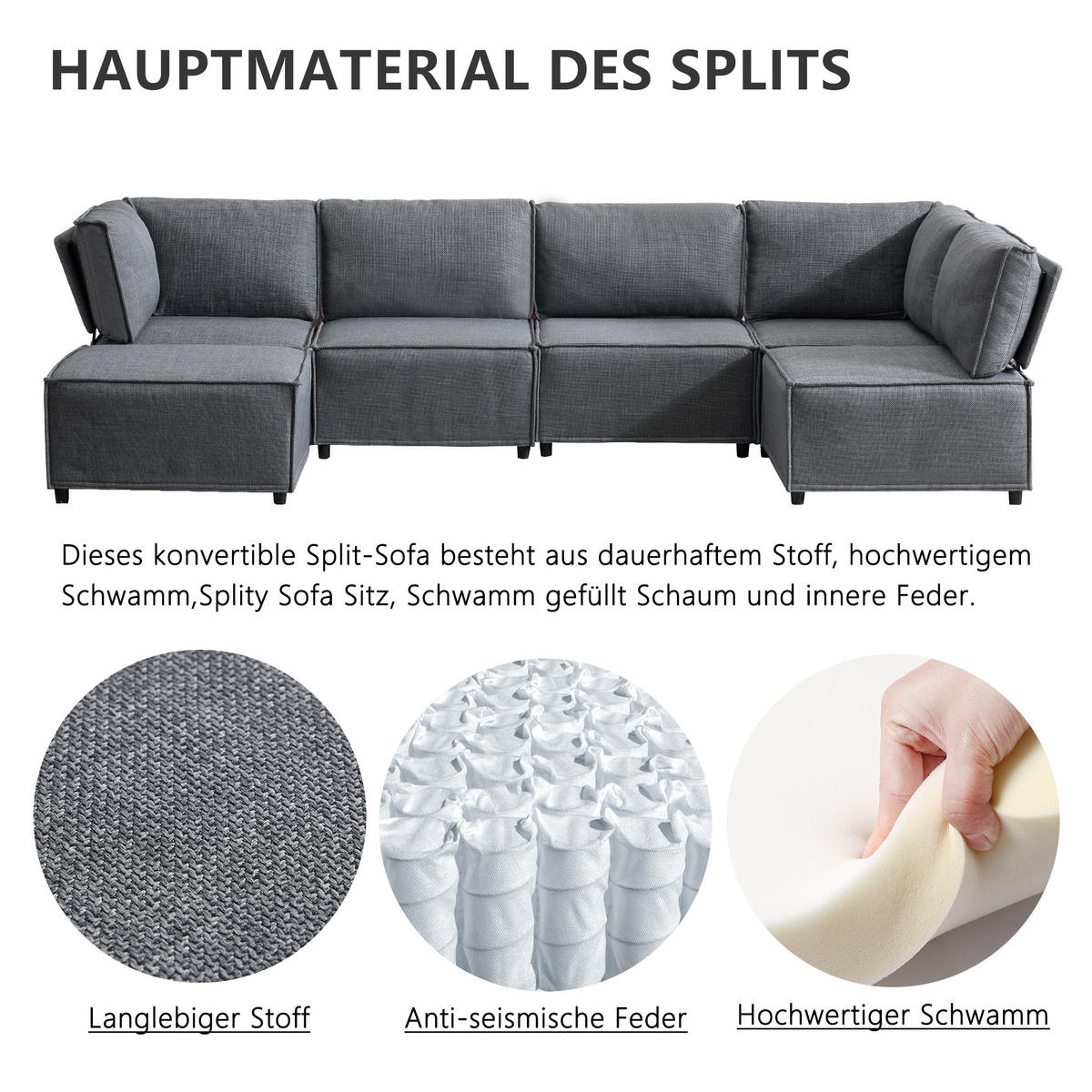 WOHNLANDSCHAFT Leinen Dunkelgrau - Dunkelgrau, Holzwerkstoff/Textil (308/77/152cm) - WISHDOR