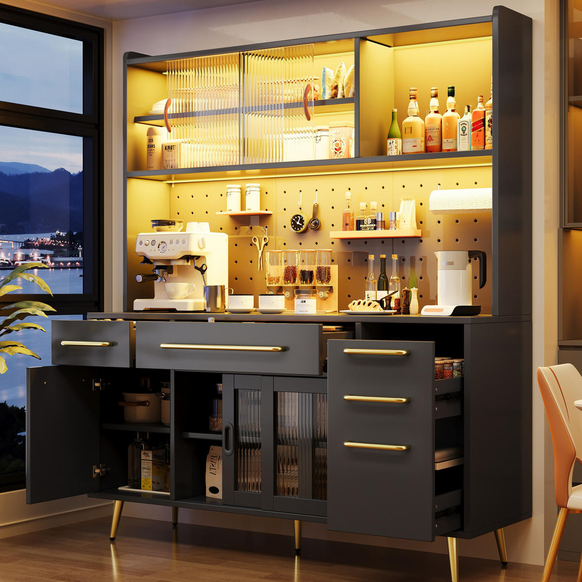 SIDEBOARD 145/39/171 cm schwarz aus MDF mit LED-Beleuchtung - Schwarz, Holzwerkstoff (145/171/39cm) - OKWISH