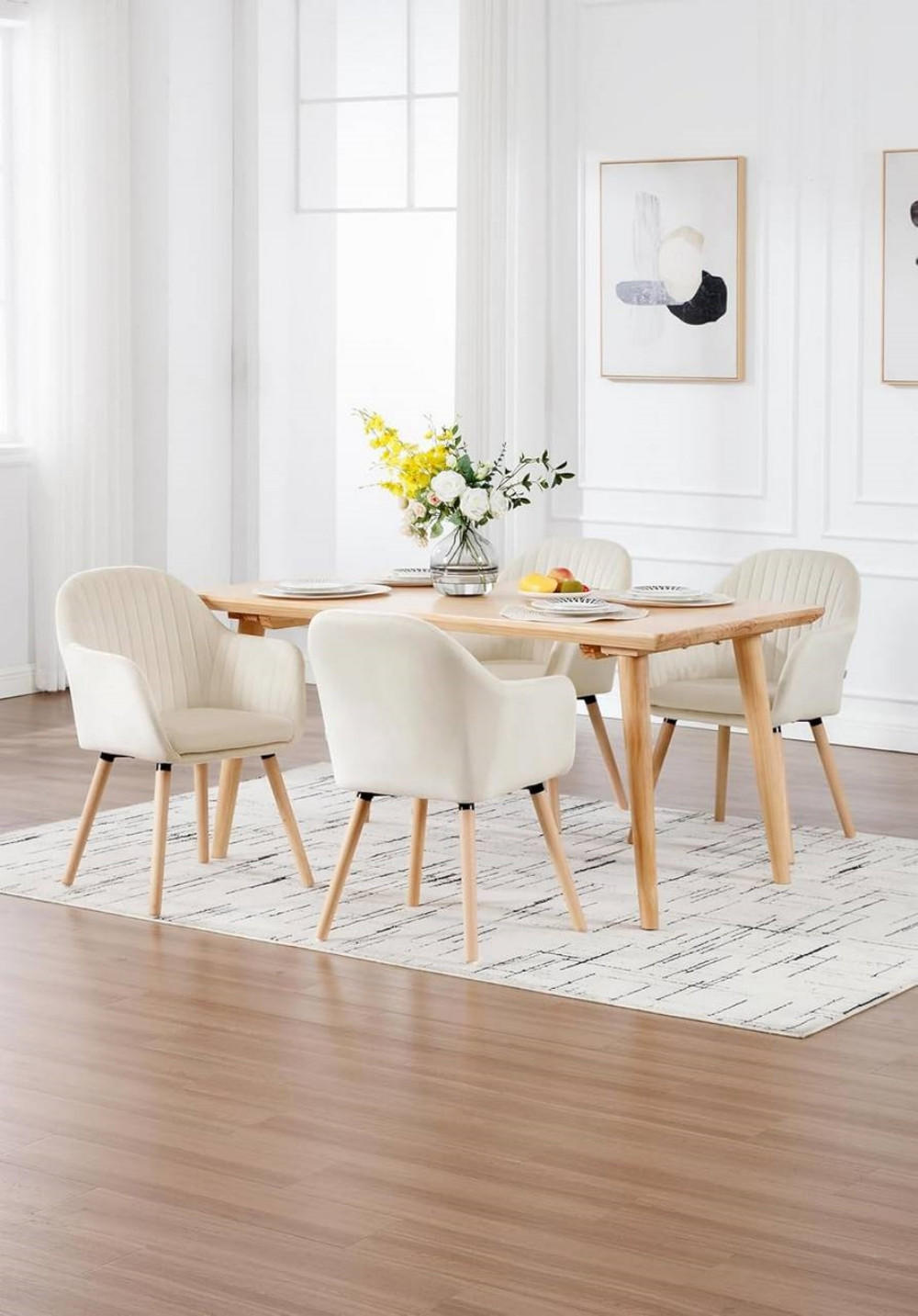 ESSZIMMERSTUHL 4er-Set, Samt, Massivholz, Creme - Creme/Naturfarben, Holz/Textil (42/81/50cm) - Woltu