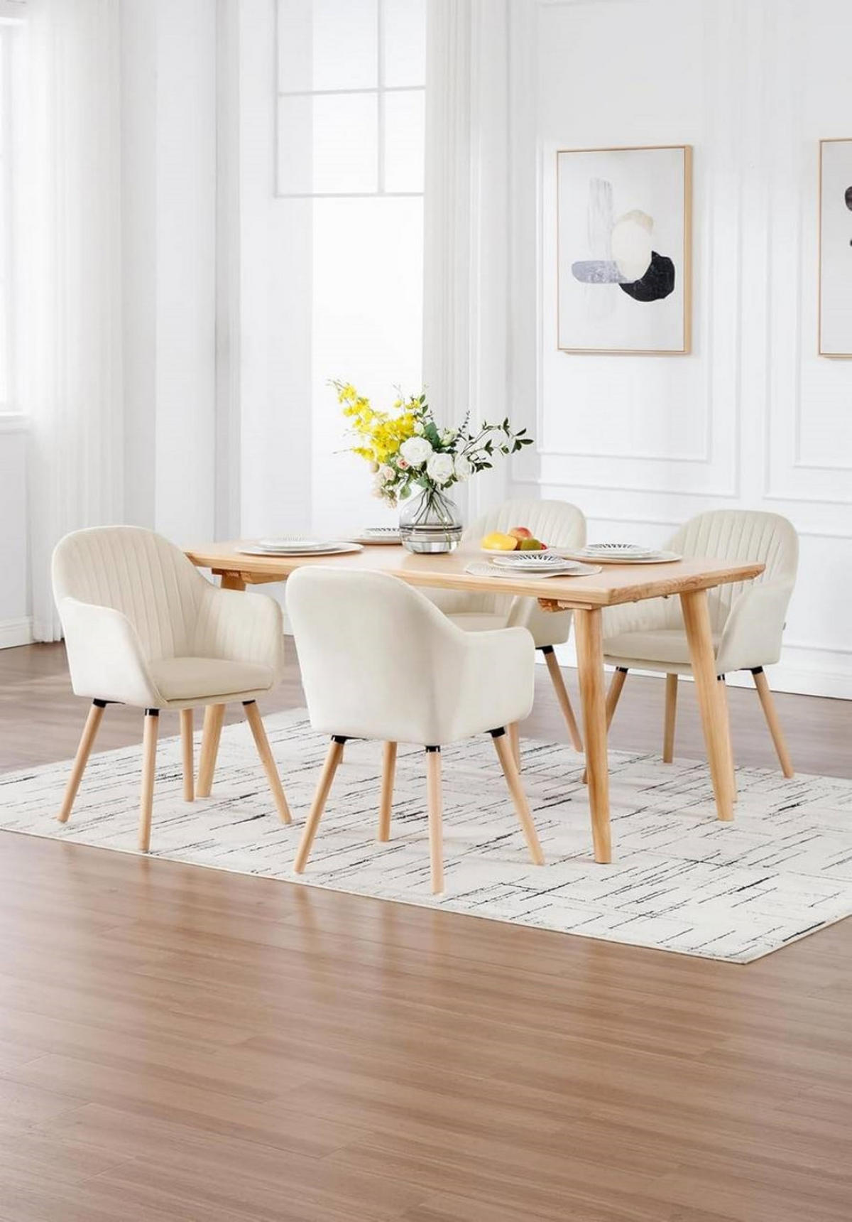ESSZIMMERSTUHL 4er-Set, Samt, Massivholz, Creme - Creme/Naturfarben, Holz/Textil (42/81/50cm) - Woltu
