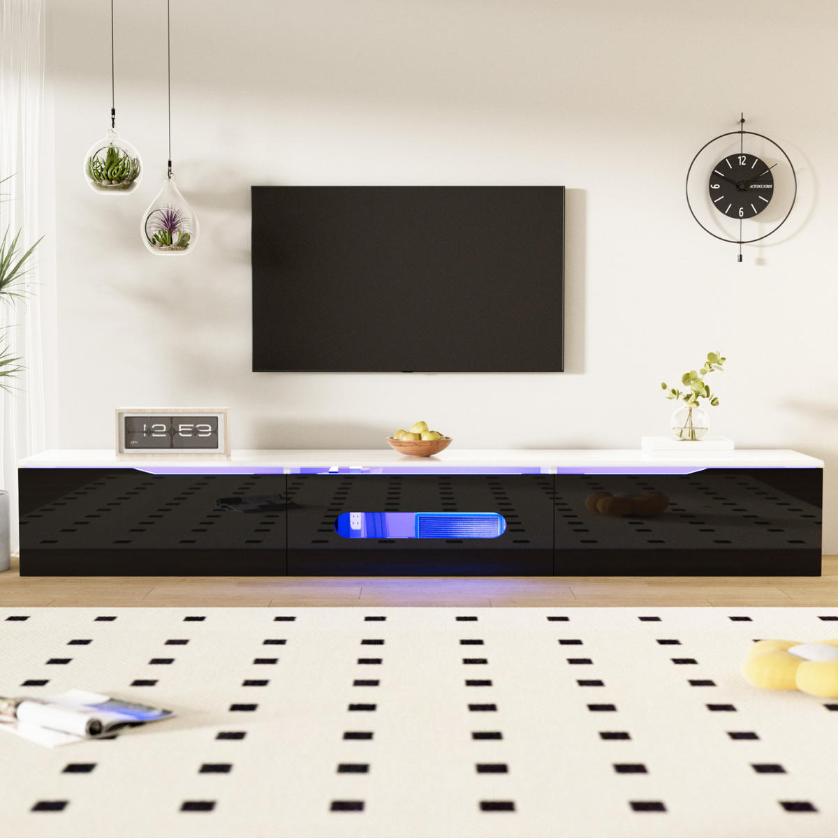 TV Lowboard LED, hängend, 3 Klapptüren, Schwarz Weiß - Schwarz, Holz (180/30/35cm)
