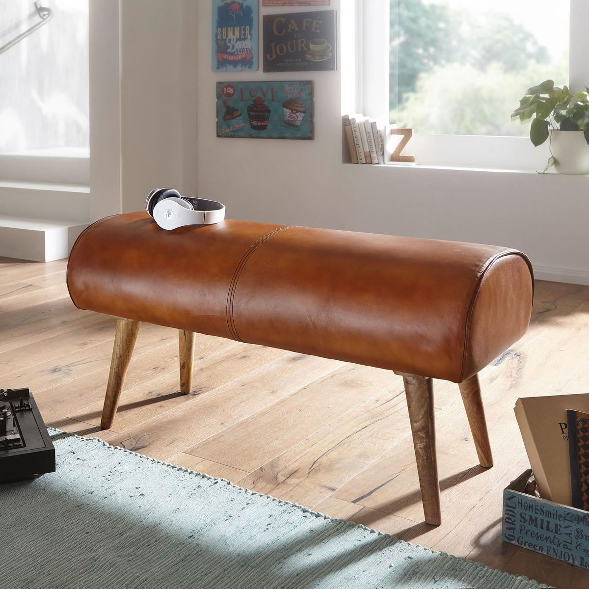 SITZBANK – Echtleder/Holz, 2 Personen, Modern - Braun, Mangoholz/Leder (100/53/40cm) - KADIMA DESIGN