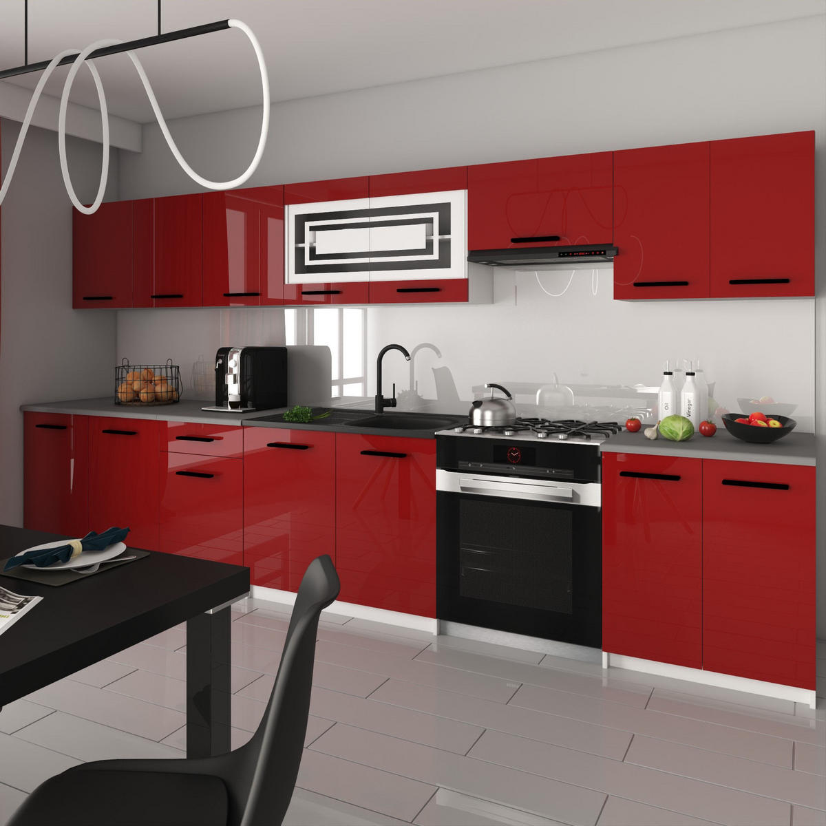 KÜCHENZEILE Italia 3 320 cm, mit Arbeitsplatten, Rot - Rot, Holz (320/143/60cm) - B BELINI GROUP