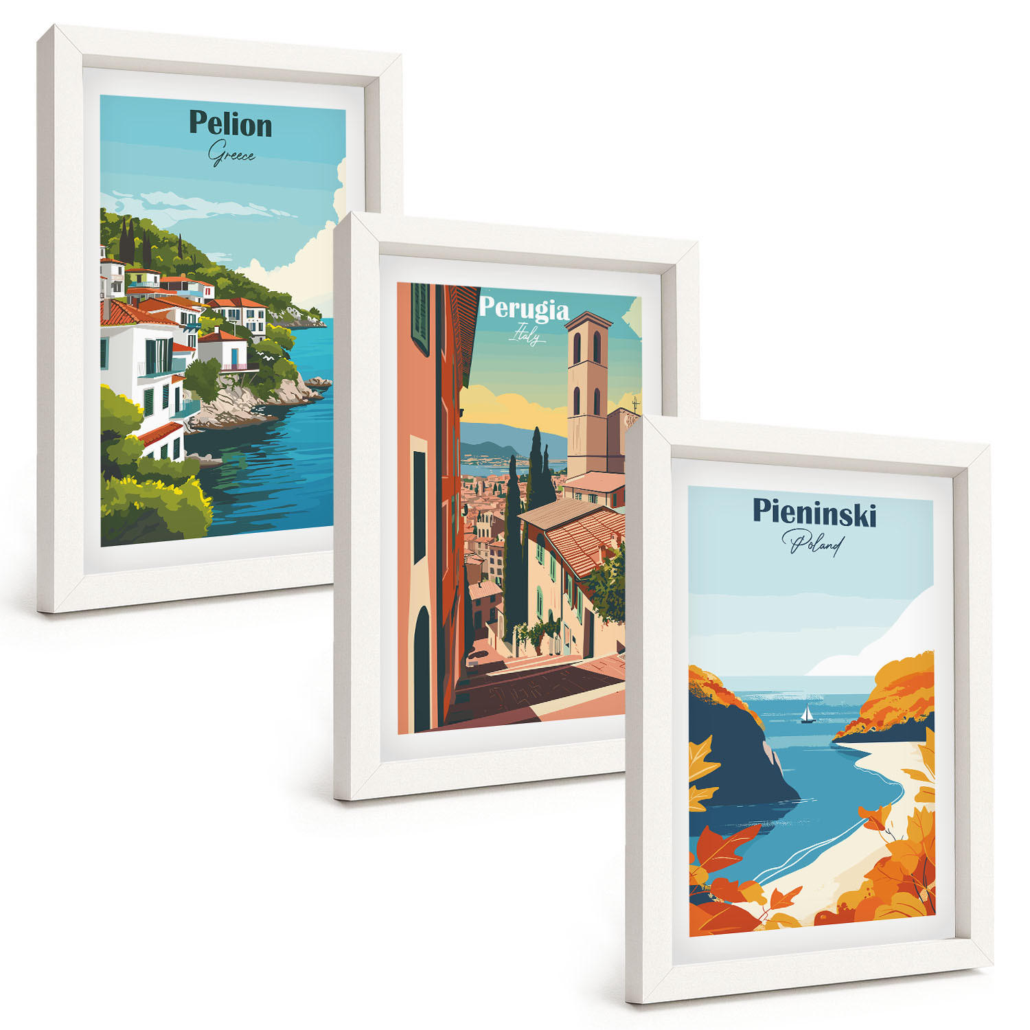 BILDER SET 3er Set - 20x30 cm Weißer Rahmen - Malerische Retro-Landschaften - Weiß, Kunststoff (20/30cm) - TULUP