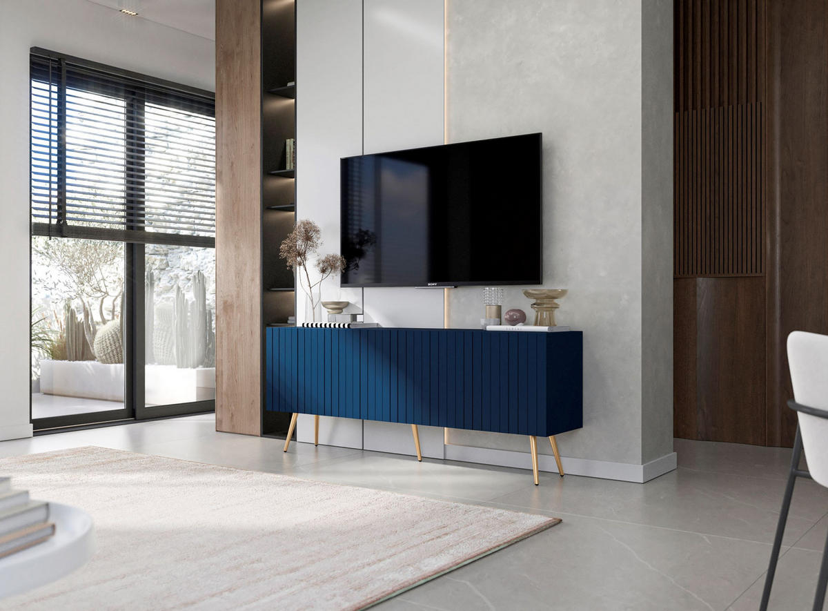 TV-SCHRANK Elpis Marineblau Matt mit goldenen Metallbeine Glamour 150 cm - Blau/Goldfarben, Holzwerkstoff/Metall (150/60.5/36.5cm) - Meble Lindner