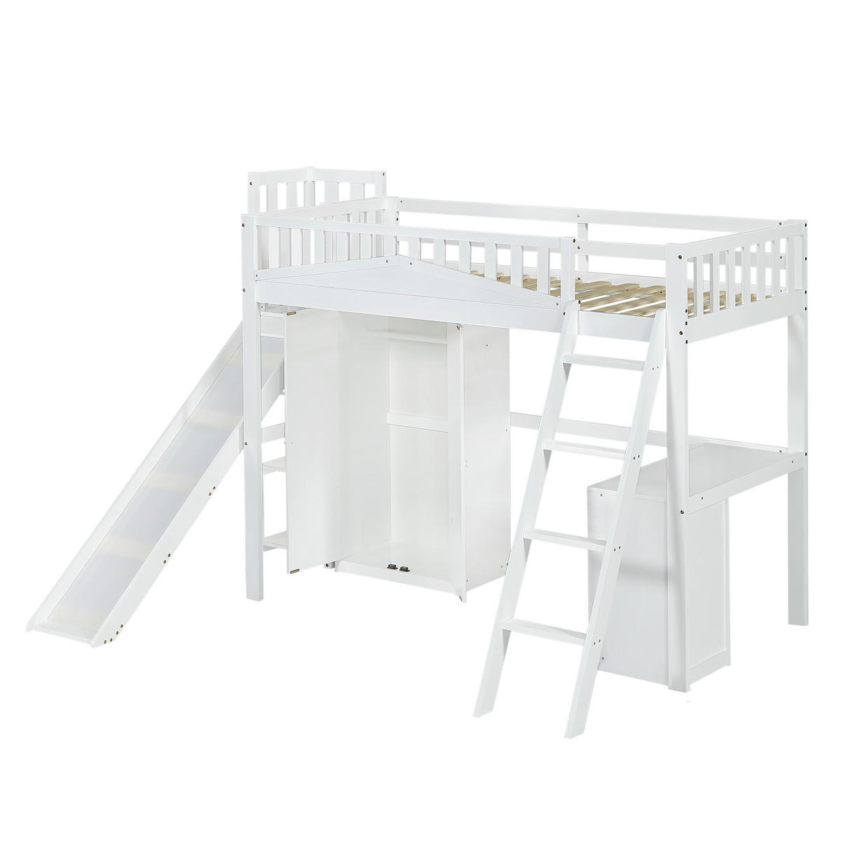 HOCHBETT 90/200 cm DE-02282, in Weiß, mit Rutsche, Tisch und Kleiderschrank - Weiß, Holz/Holzwerkstoff (90/200cm) - ComfortXL