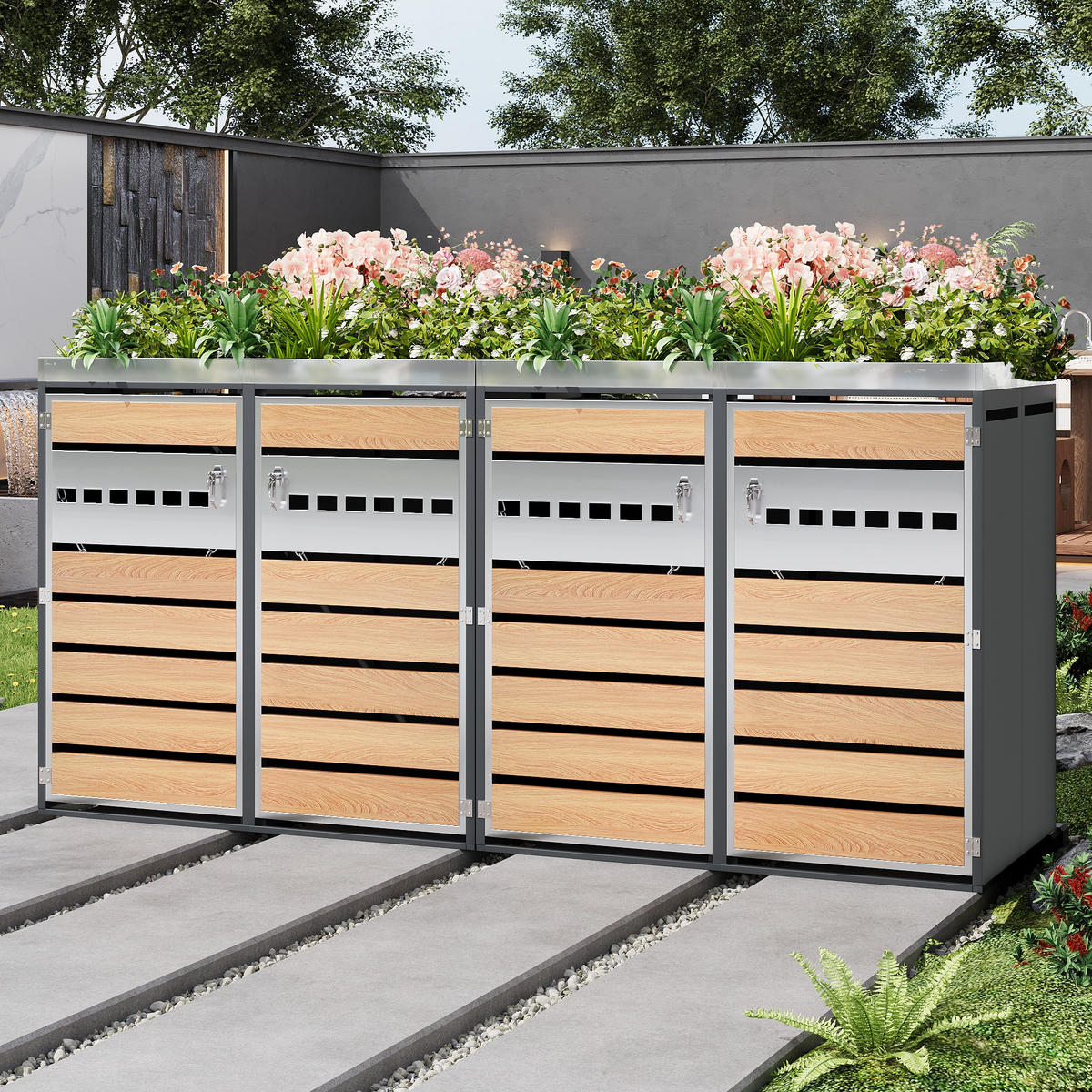 MÜLLTONNENBOX 4 Türen abschließbar Pflanzdach Belüftung - Multicolor, Metall (160/236/264cm) - FLIEKS