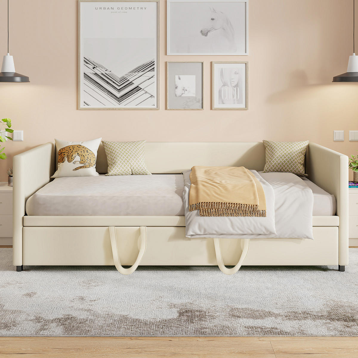 SCHLAFSOFA Samt creme ausziehbar mit Gästebett Funktion 3-fach umwandelbar Tagesbett mit Rollen - Beige, Metall (183/74/213cm) - Joyfair
