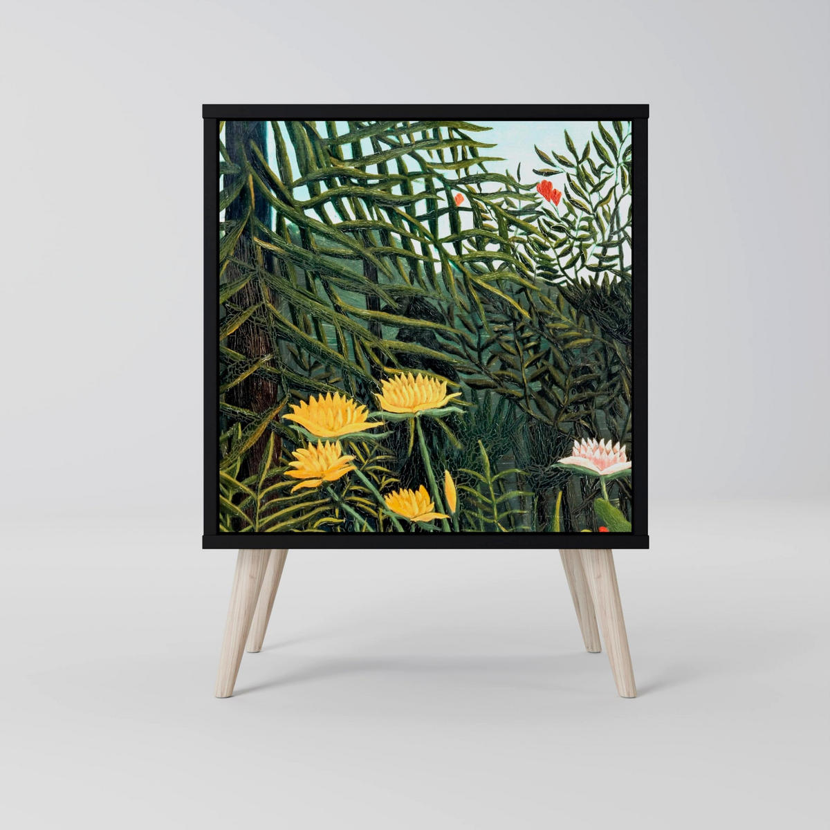 SIDEBOARD VIRGIN FOREST WITH SUNSET, Schwarz, 57,5x42x67,5 cm, Schwarze Metall-Rahmenfüße - Multicolor/Schwarz, Holzwerkstoff/Metall (57.5/67.5/42cm) - SpaceRebels