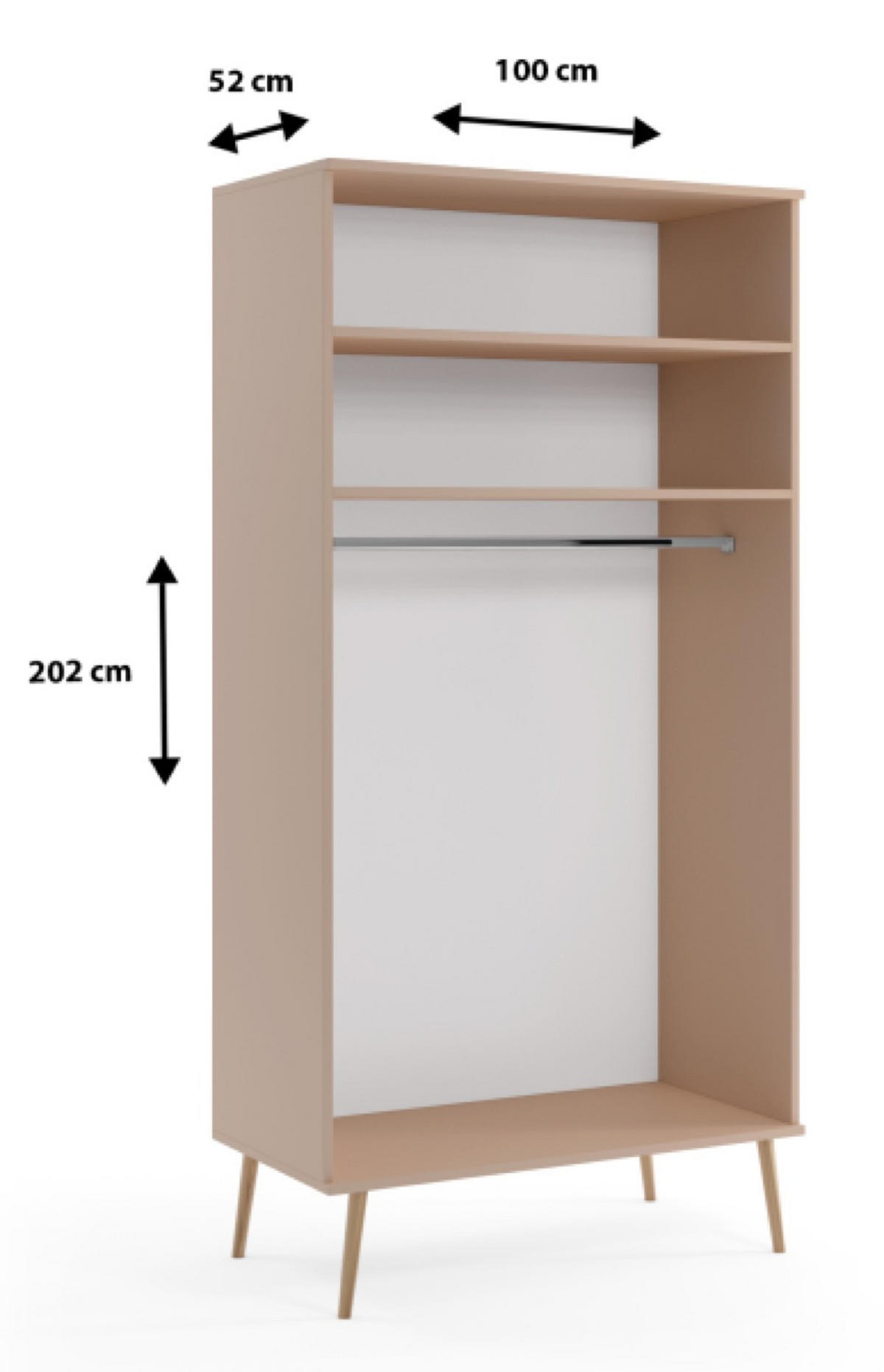 SCHRANK Macchiato Boho Tiefe Holzbeine 2 Regale Und Kleiderstange - Beige, Holzwerkstoff (100/202/52cm) - Sepro Meble