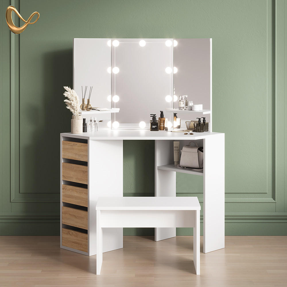 ECKSCHMINKTISCH Enna Weiß/Sonoma 110 cm mit LED Beleuchtung und Bank - Weiß/Sonoma Eiche, Holzwerkstoff (110/141.5/54cm) - Livinity®