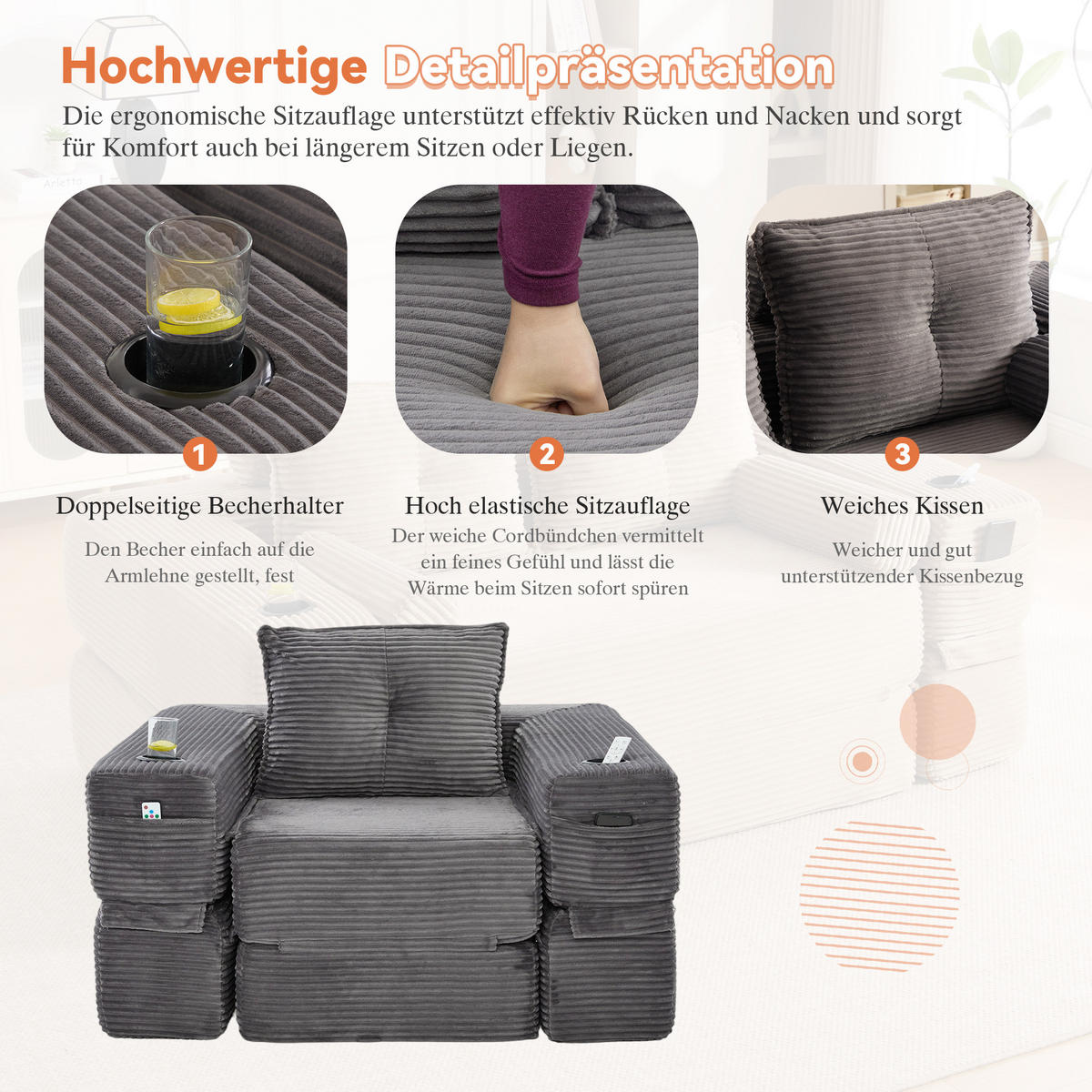 SCHLAFSOFA mit Schlafunktion, Getränkehalter und Federkern aus Cord - Dunkelgrau, Textil (122/80/98cm) - EVRYAE