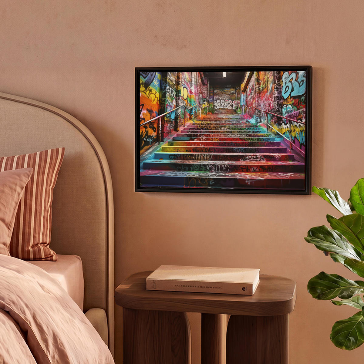 LEINWAND Bilder mit Rahmen - Treppe - Graffiti - Farben - Kunst - 40x30 - Multicolor, Textil (40/30cm) - MuchoWow