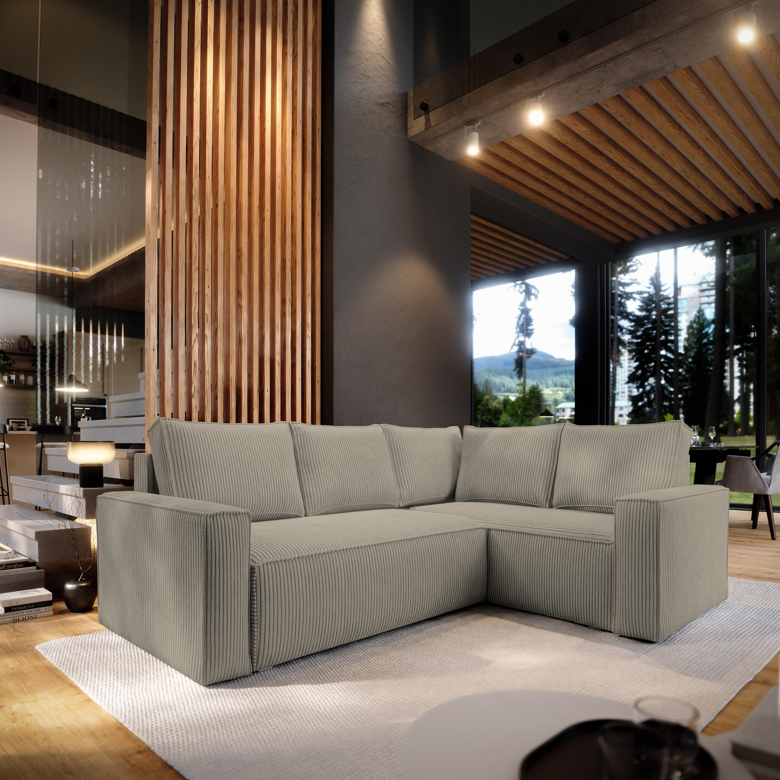 ECKSOFA ESTANO R-S Beige Kordstoff mit Schlaffunktion - Beige, Holz (230/158cm) - MASSENO