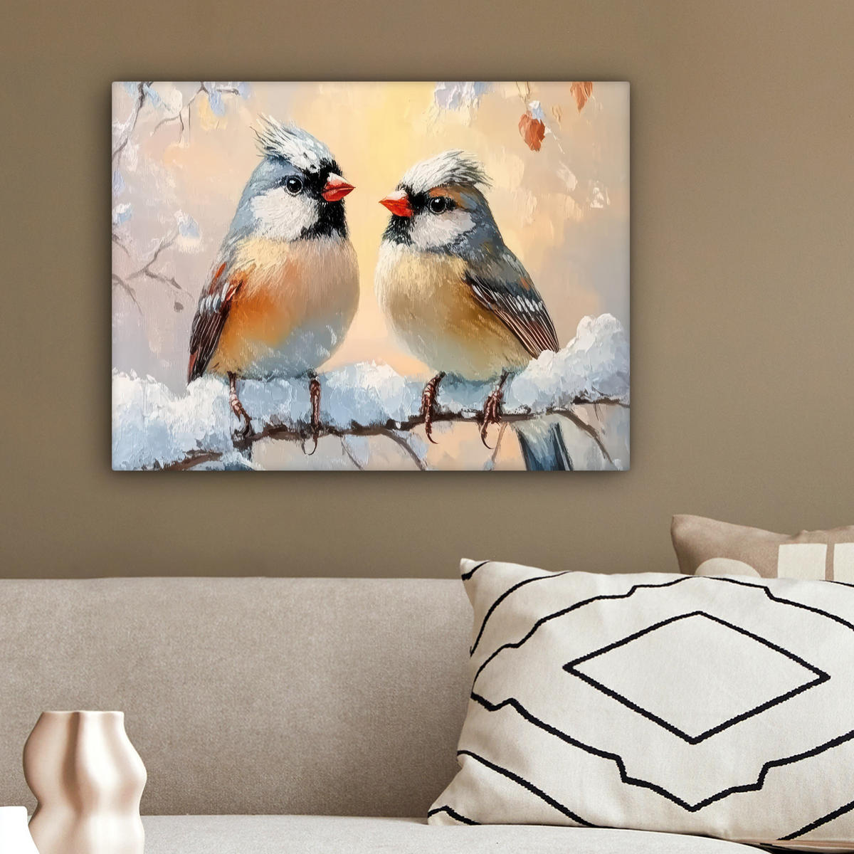 LEINWANDBILD Vögel - Zweig - Winter - Schnee 40x30 cm - Pastellblau, Textil (40/30cm) - MuchoWow