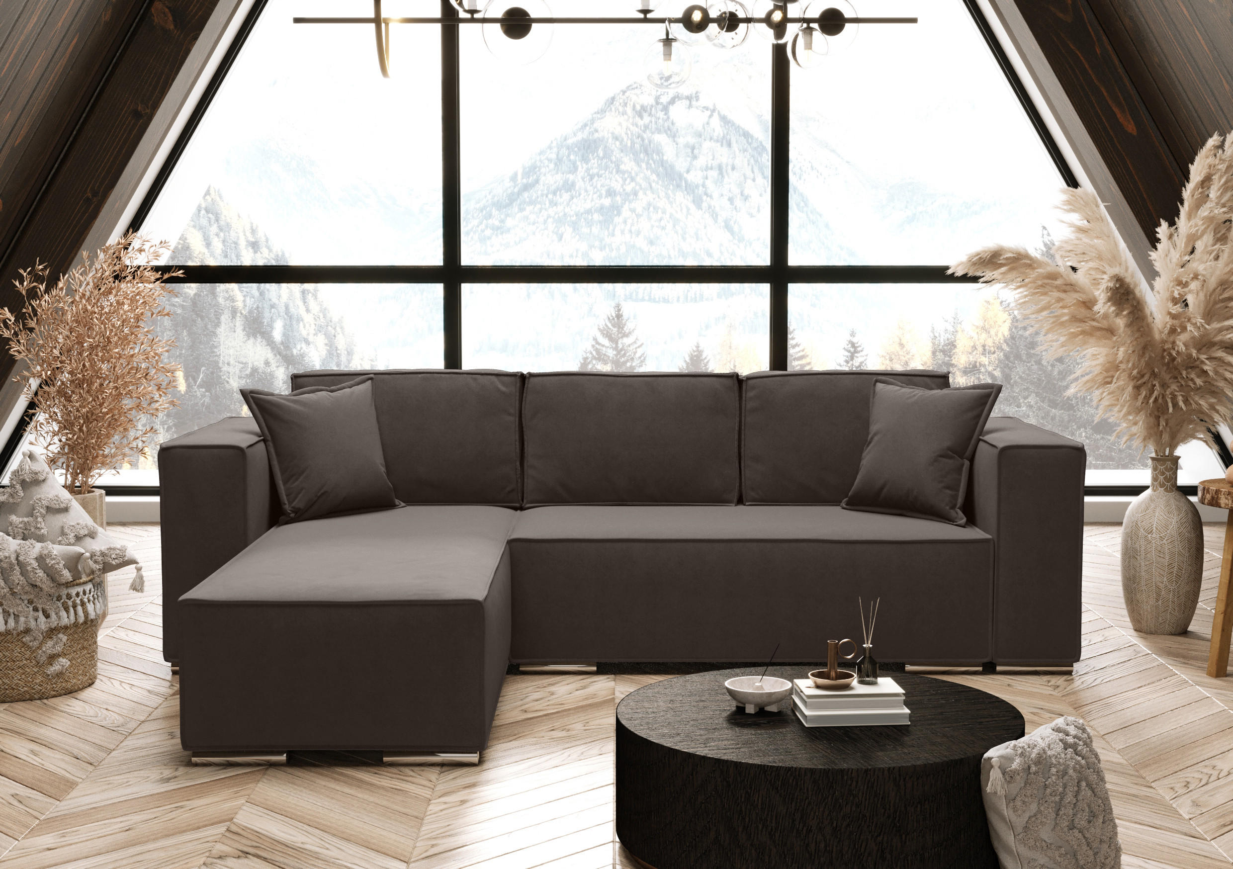 ECKSOFA L Form Vinoria Braun 255/180/82 cm Links mit Schlaffunktion - Chromfarben/Braun, Textil/Metall (180/255cm) - AX Living