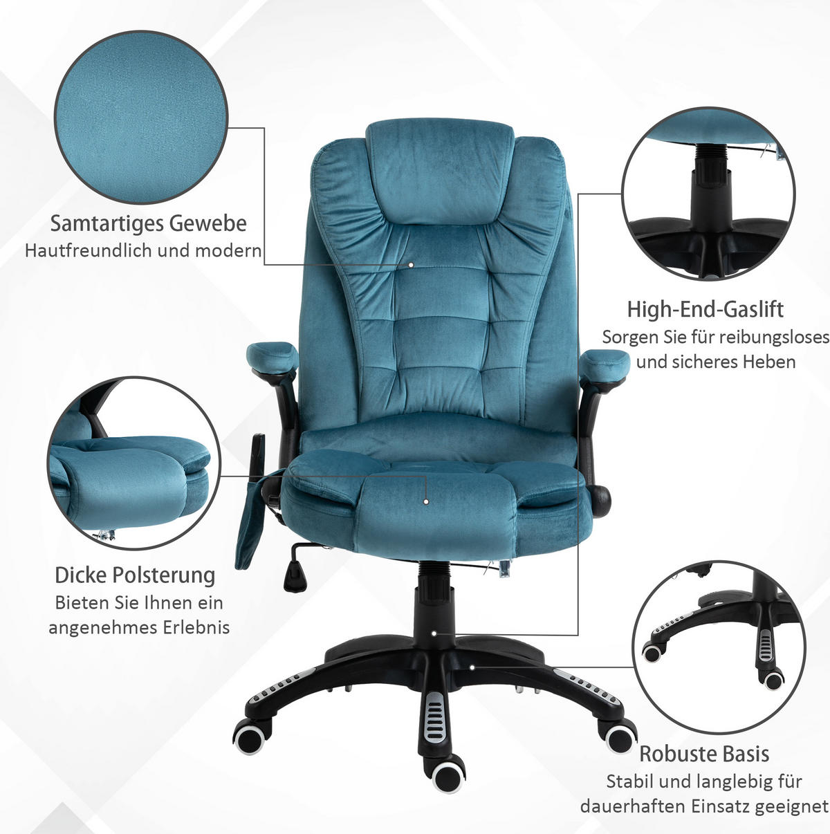 BÜROSTUHL in Blau 72x68x120 cm mit Massage- und Heizfunktion, höhenverstellbar - Blau, Textil (68/120/72cm) - IVMEU