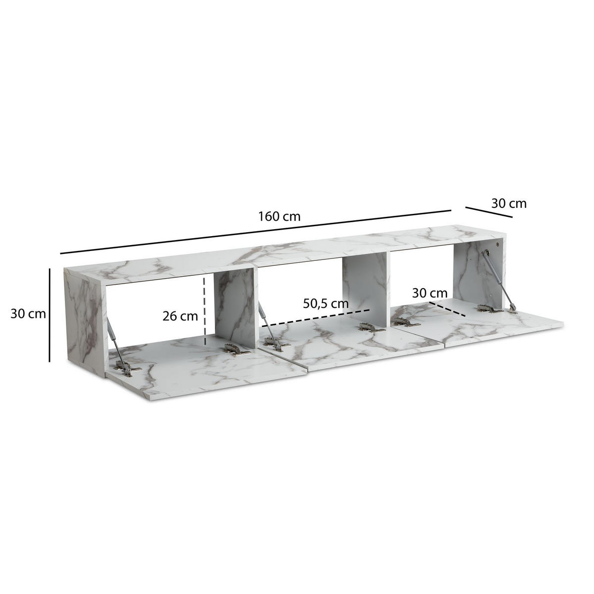 TV-LOWBOARD hängend groß, Marmor-Optik, Klapptüren, modern, Weiß 160x30x30 cm - Weiß, Metall (160/30/30cm) - KADIMA DESIGN