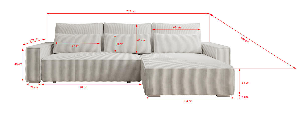 ECKSOFA Alice mit Bettkasten und Schlaffunktion, Cordstoff in L-Form - Creme, Textil (289/184cm)