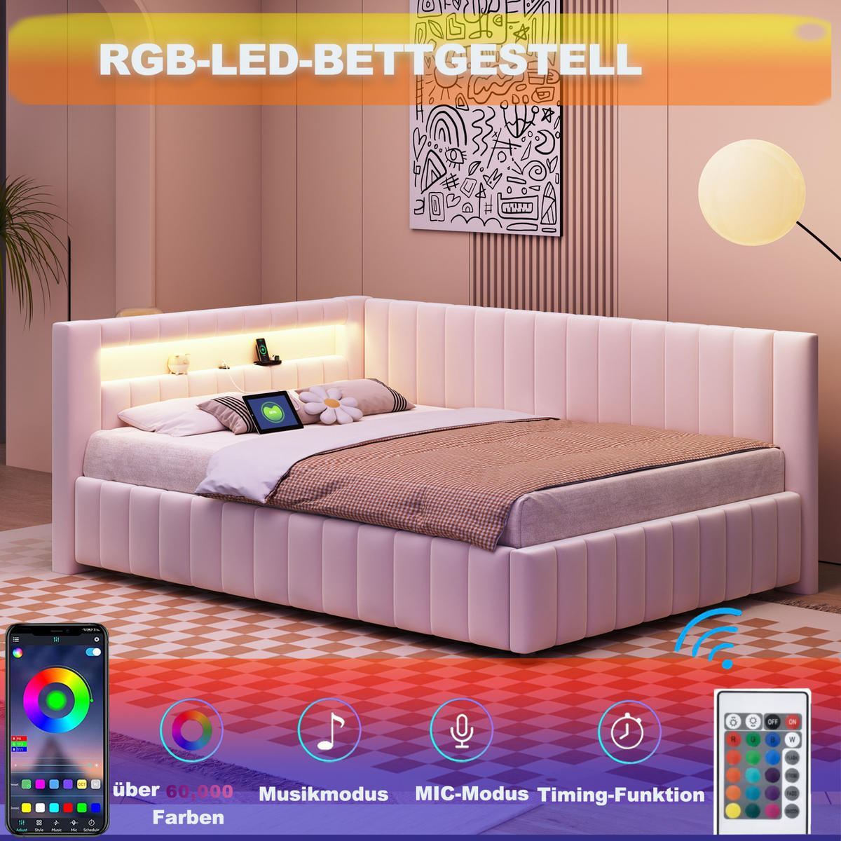 POLSTERBETT 140/200 cm Beige aus Samt mit LED-Licht und USB-Ladeanschluss - Beige, Textil (140/200cm) - OKMYHOME
